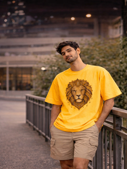 Men's Yellow Regal Lion Graphic Printed Oversized T-Shirt