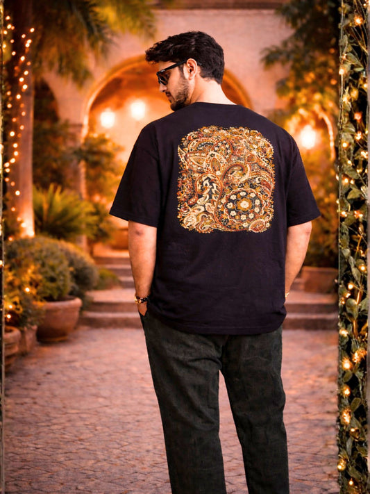 Men's Black Paisley Heritage Graphic Printed Oversized T-Shirt
