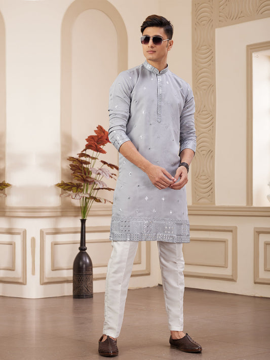 Light Grey Art Silk Festive Kurta Pajama