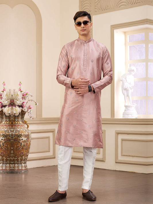 Pink Art Silk Festive Kurta Pajama For Men