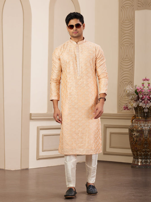Peach Art Silk Party Wear Kurta Pajama