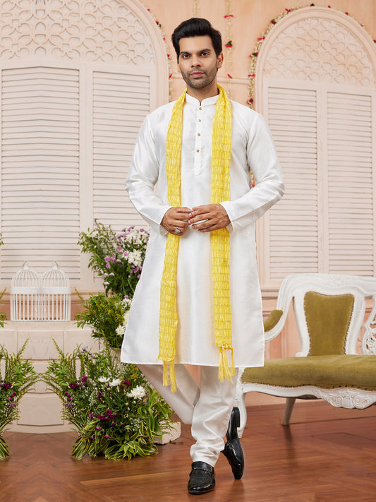 White Festive Kurta Pajama With Stole