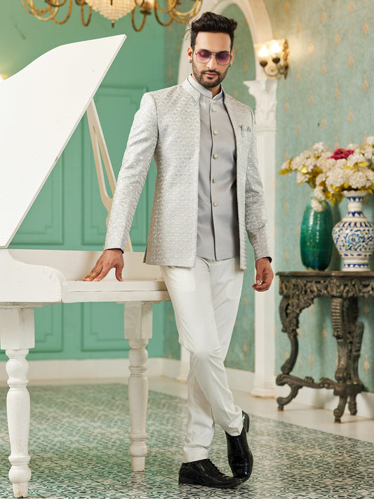 Grey Sequin Embroidered Jodhpuri Suit