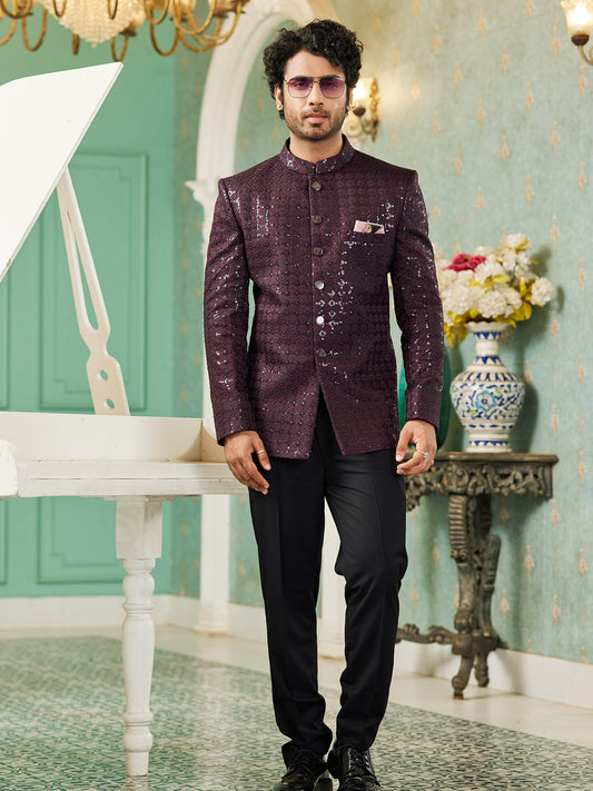 Wine Sequin Embroidered Jodhpuri Suit