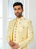 Cream Art Silk Wedding Indo Sherwani
