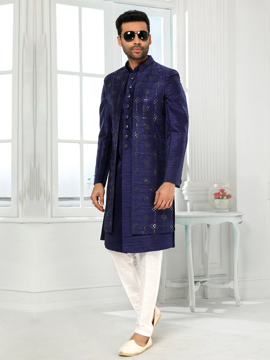 Navy Blue Embroidered Indo Sherwani