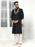 Black Silk Embroidered Indo Sherwani Set