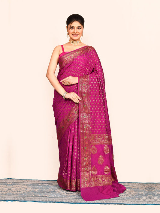 Magenta Woven Embroidered Banarasi Silk Saree