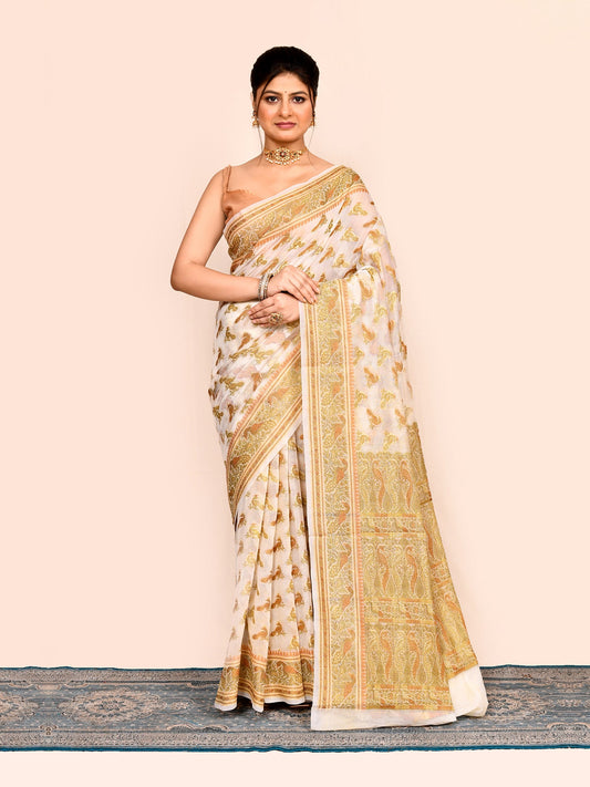 Off White Zari Woven Embroidered Silk Saree