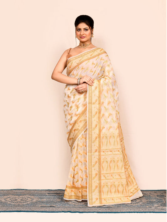 Off White Zari Woven Banarasi Silk Saree