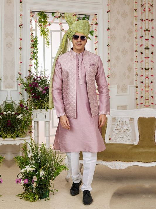 Pink Silk Embroidered Kurta Pajama Jacket
