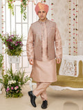 Stylish Peach Art Silk Embroidered Kurta Pajama Jacket