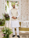Off White Art Silk Embroidered Kurta Pajama Jacket