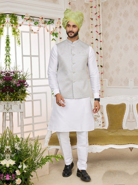 Off White Art Silk Embroidered Kurta Pajama With Jacket