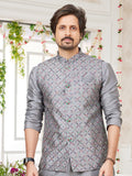 Festive Grey Art Silk Embroidered Kurta Pajama Jacket