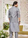 Festive Grey Art Silk Embroidered Kurta Pajama Jacket