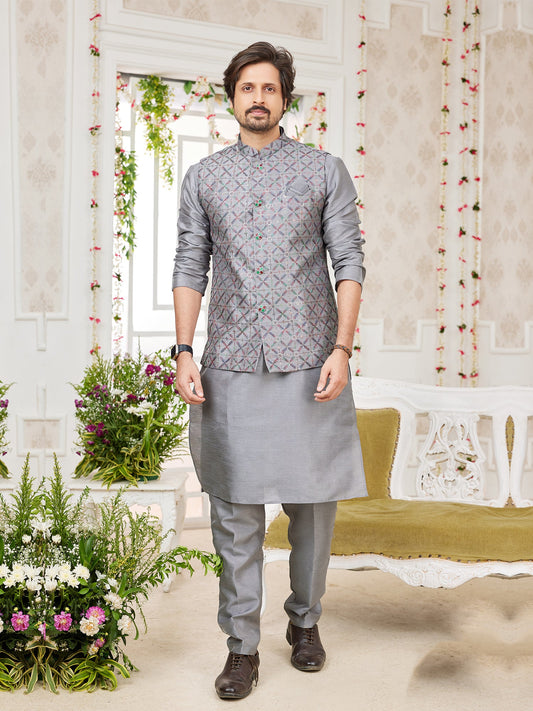 Festive Grey Art Silk Embroidered Kurta Pajama Jacket