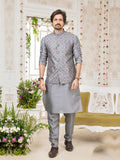 Festive Grey Art Silk Embroidered Kurta Pajama Jacket