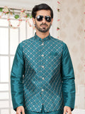 Peacock Green Art Silk Embroidered Kurta Pajama Jacket