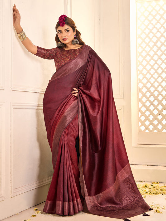 Wine Zari Woven Party Wear Silk Saree