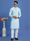 Blue Embroidered Cotton Kurta Pajama Set