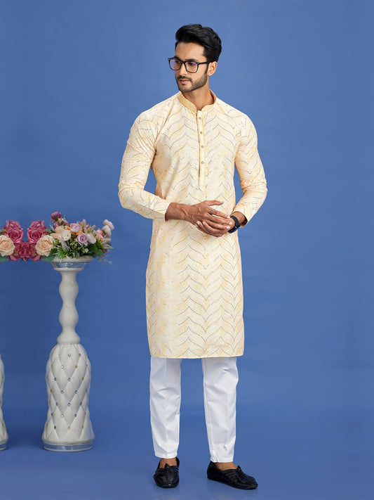 Yellow Cotton Embroidered Festive Kurta Pajama