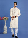 Beige Cotton Embroidered Kurta Pajama
