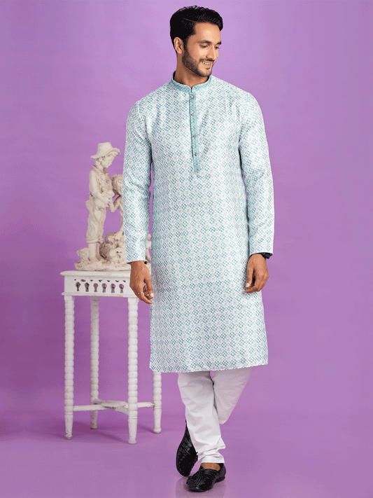 Turquoise Festive Kurta Pyjama In Digital Print