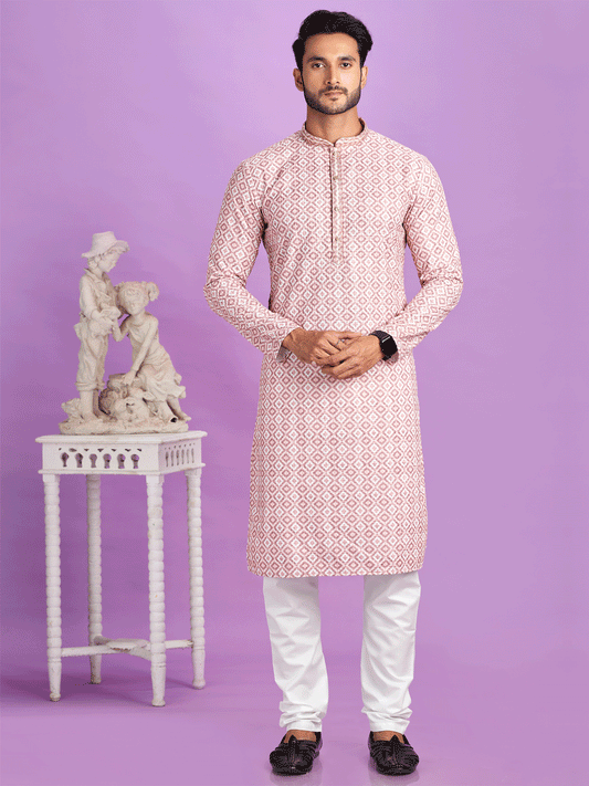 Pink Readymade Men's Kurta Pyjama Set