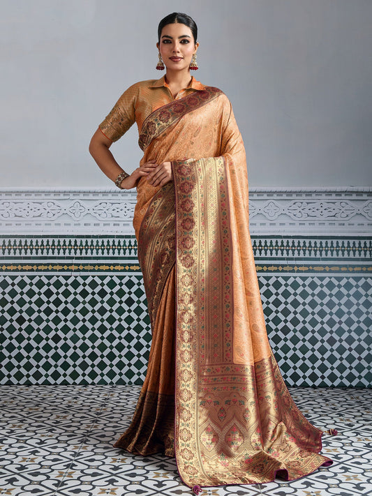 Orange Woven Embroidered Kanjivaram Silk Saree