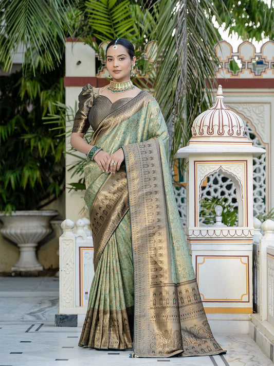Green Woven Embroidered Kanjivaram Silk Saree