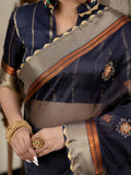 Navy Blue Linen Cutdana Woven Work Saree