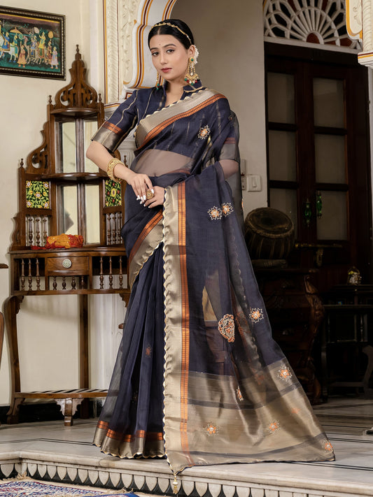 Navy Blue Linen Cutdana Woven Work Saree