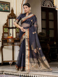 Navy Blue Linen Cutdana Woven Work Saree