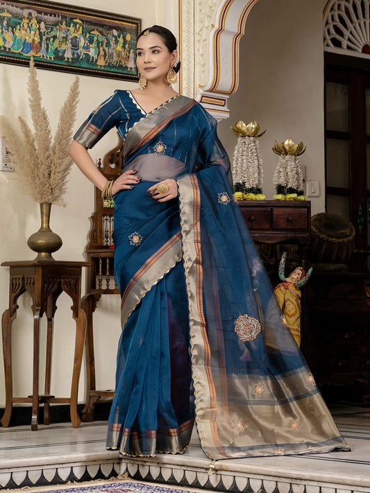 Blue Linen Woven Cutdana Work Saree
