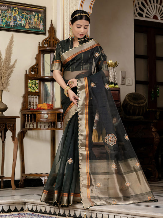 Black Linen Cutdana Woven Work Saree