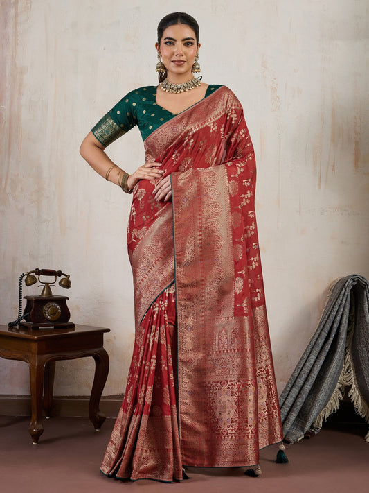 Red Self Woven Meenakari Silk Saree