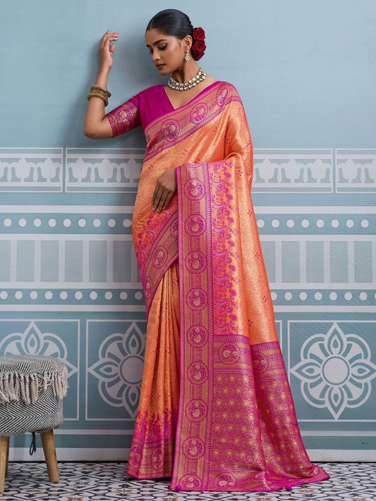Peach Meenakari Woven Work Kanjivaaram Silk Saree