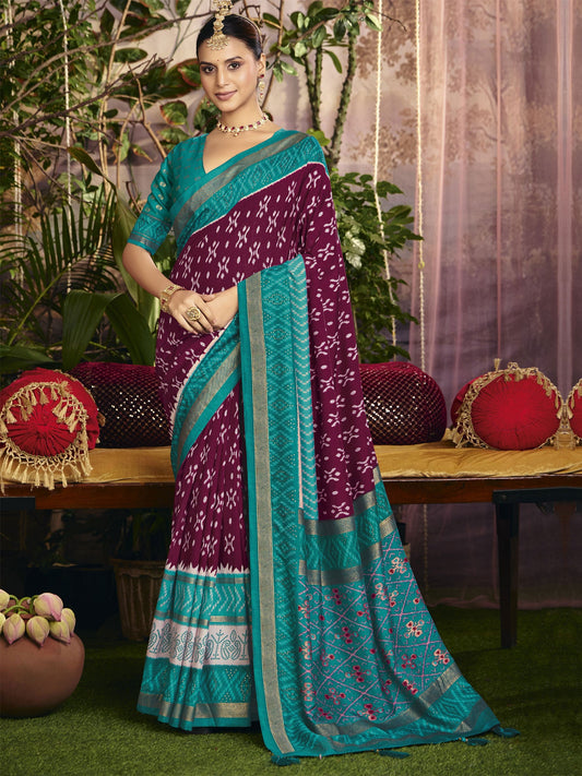 Wine Art Silk Party Wear Saree In Print