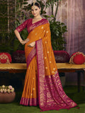 Bright Orange Party Wear Woven Work Saree