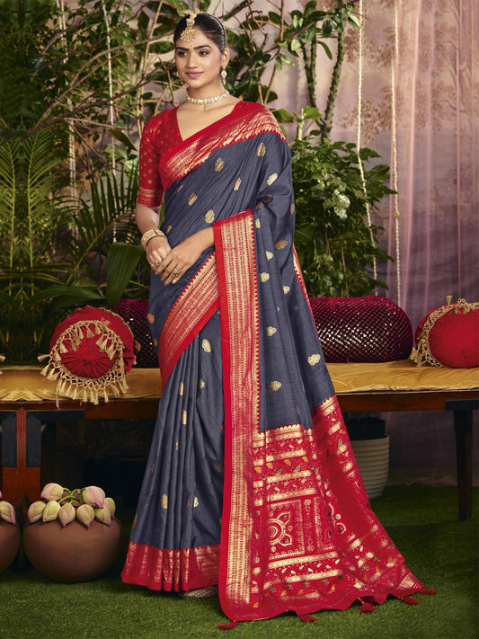 Stone Blue Woven Work Festive Saree In Silk