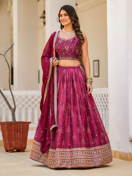 Wine Georgette Embroidered Lehenga Choli