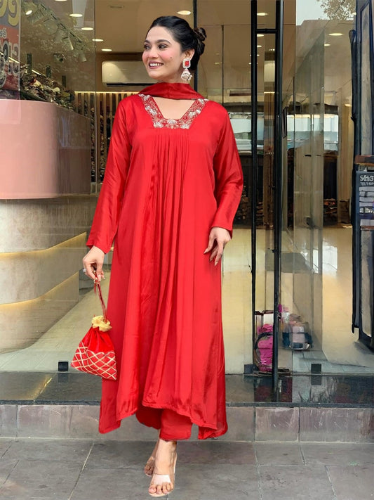 Red Embroidered Festive Salwar Kameez