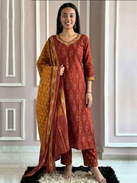 Rust Printed Readymade Salwar Kameez In Cotton