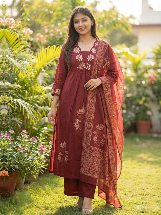 Brown Readymade Festive Salwar Kameez In Print