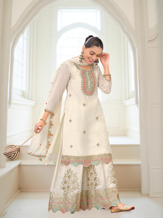 Cream Art Silk Embroidered Kurta With Sharara