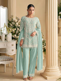 Sea Green Embroidered Pant Suit In Georgette