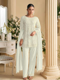 Cream Embroidered Pant Suit in Georgette