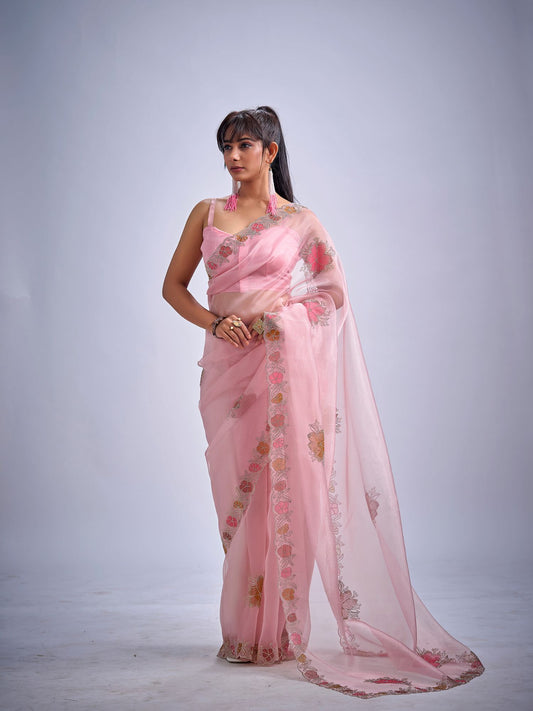 Baby Pink Organza Saree Stone Work