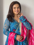 Blue Bandhej Print with Lehariya Dupatta Suit Set in Georgette